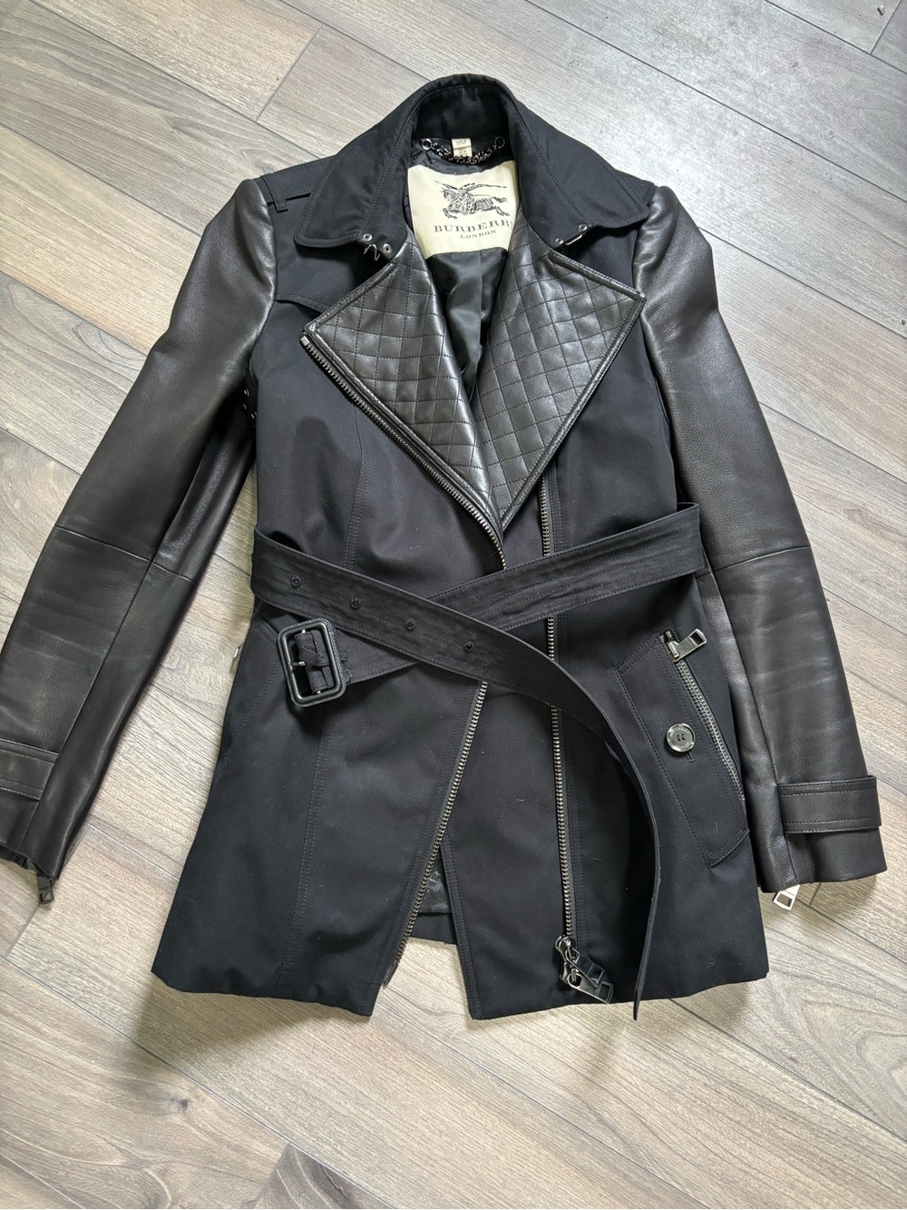 Burberry Black Trench Coat with Quilted Leather Lapel and Leather Sleeves
